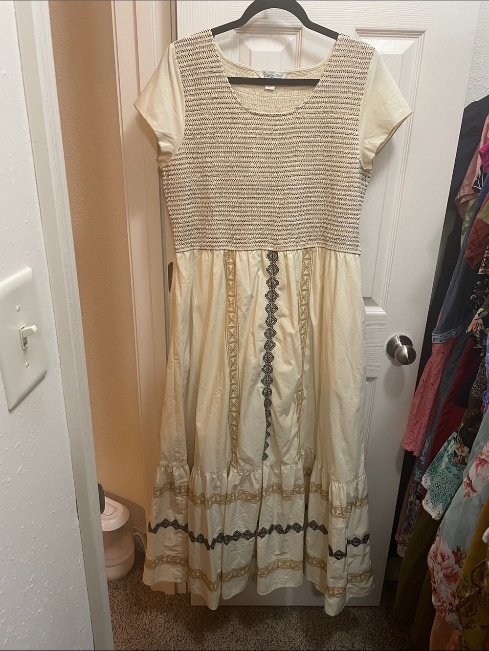Cottagecore Smocked Cotton Dress L Cream Embroidered Folk Earthy Boho